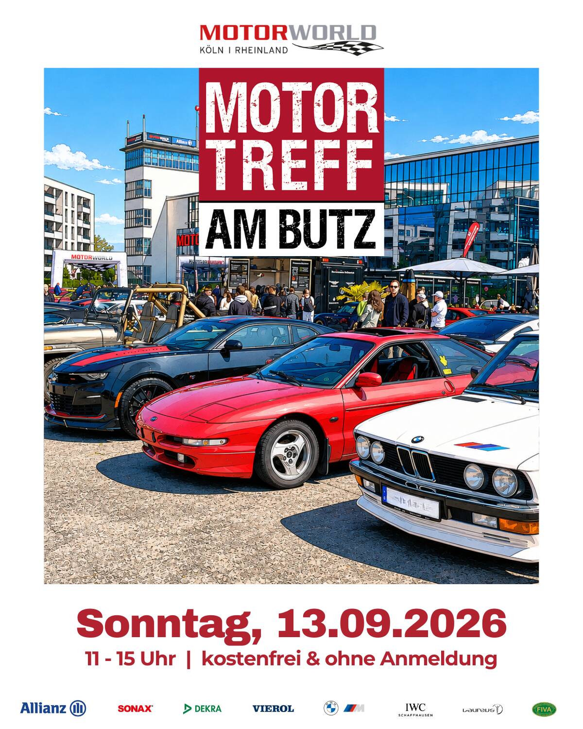 Plakat für das Motor-Treffen am Butz mit vielen Autos und Datum 13.09.2026