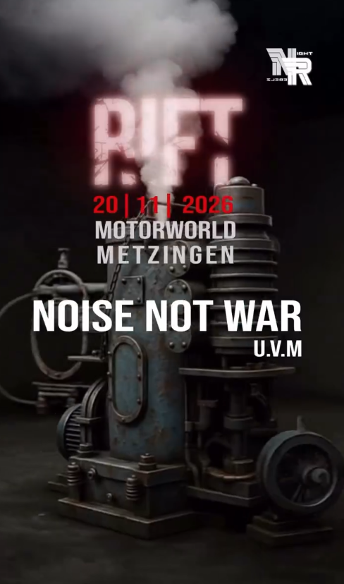 Werbeplakat mit Maschine, Rauch und dem Text „RFT“, „20|11|2026“, „Motorworld Metzingen“ und „NOISE NOT WAR“