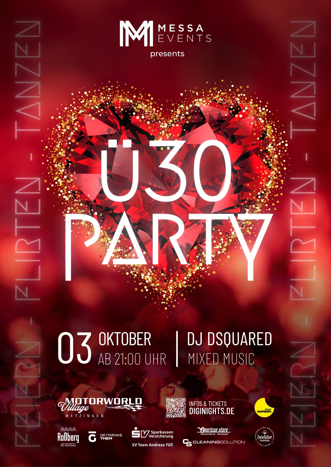 Party-Plakat für die Ü30-Party am 03. Oktober ab 21 Uhr mit DJ Dsquared im Motorworld Village Metzingen
