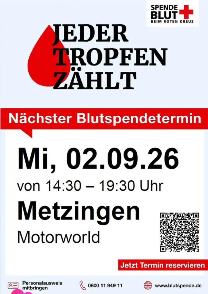 Plakat für einen Blutspendetermin des Roten Kreuzes in Metzingen am 02.09. von 14:30 bis 19:30 Uhr