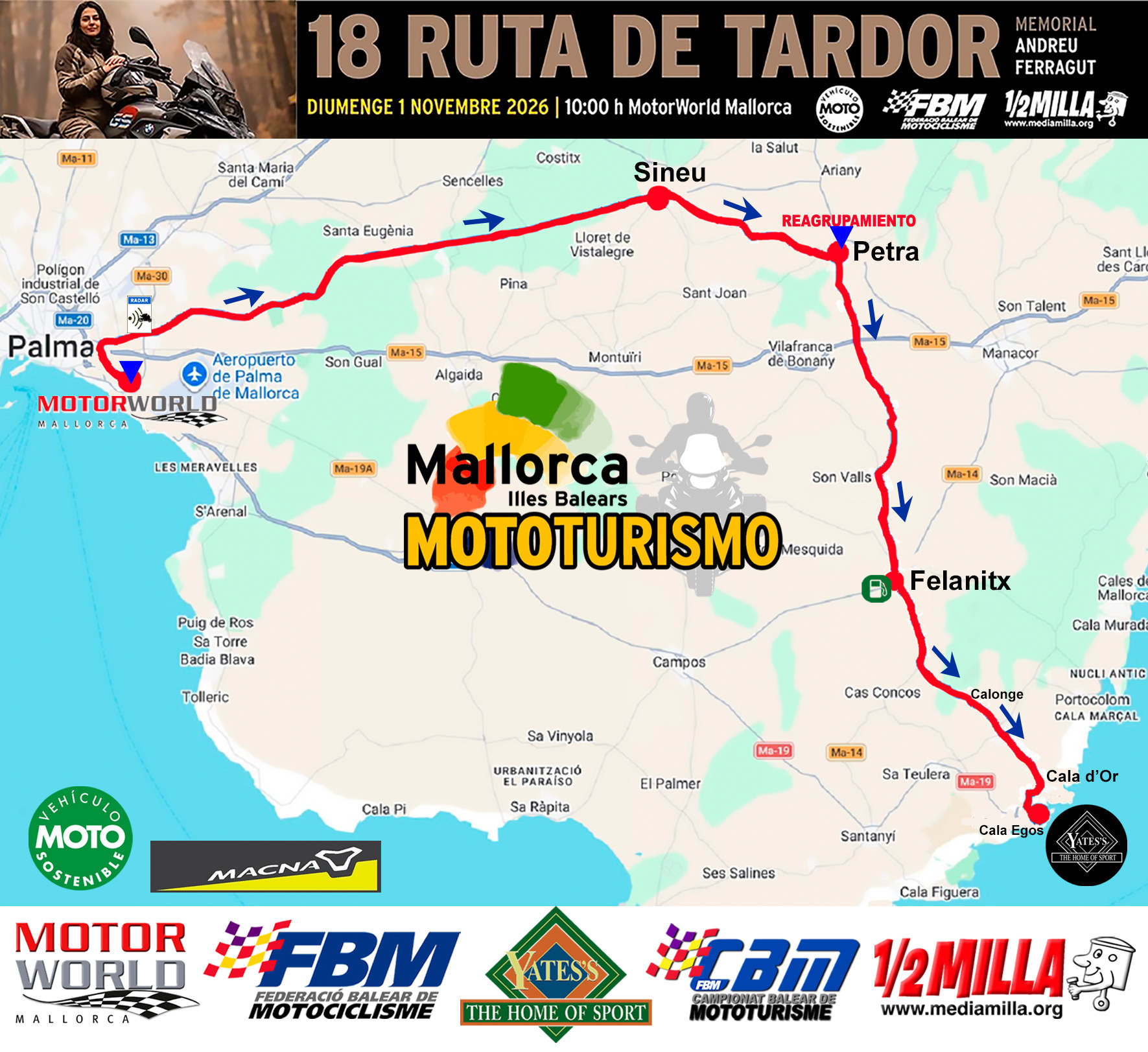 Mapa de la ruta en moto «18 Ruta de Tardor» en Mallorca, con salida en Palma y llegada a Cala d’Or