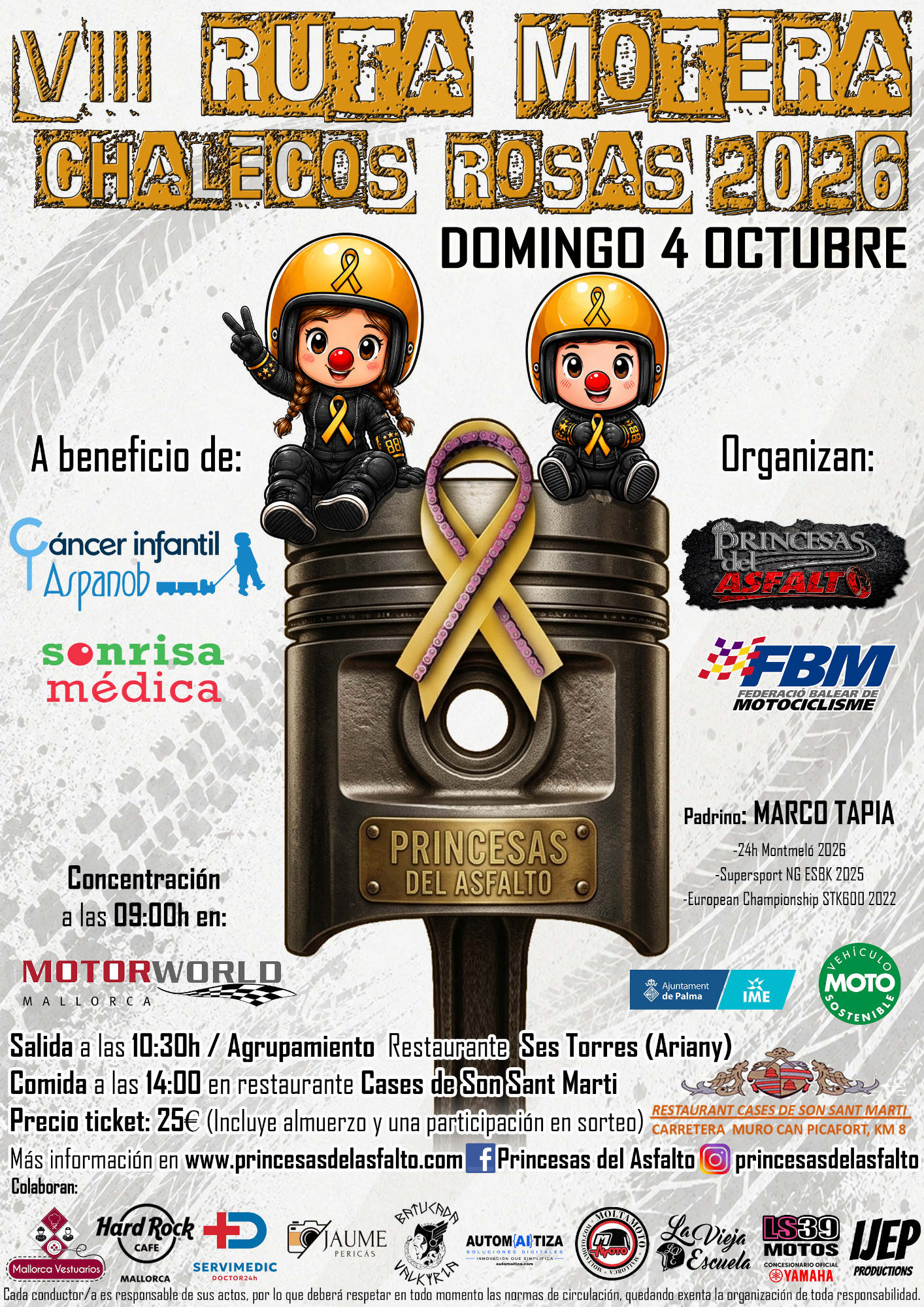 Poster for the “VIII Ruta Motera Chalegos Rosas 2026” charity motorcycle ride to benefit children with cancer