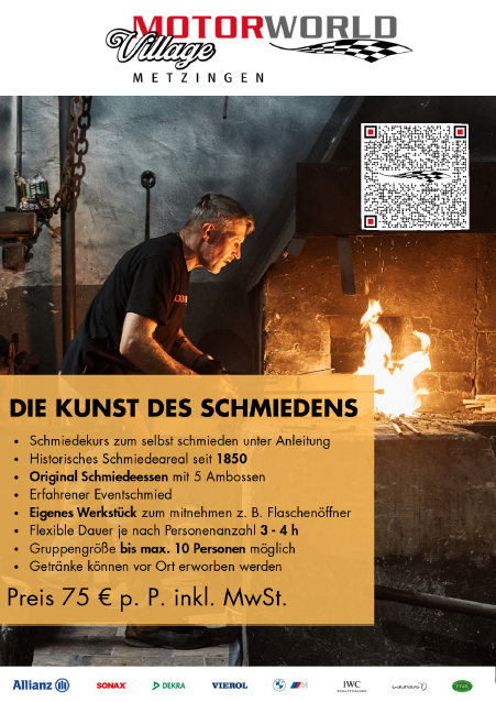 Werbeplakat für den Schmiedekurs „Die Kunst des Schmiedens“ im Motorworld Village Metzingen mit Schmiede und Feuer