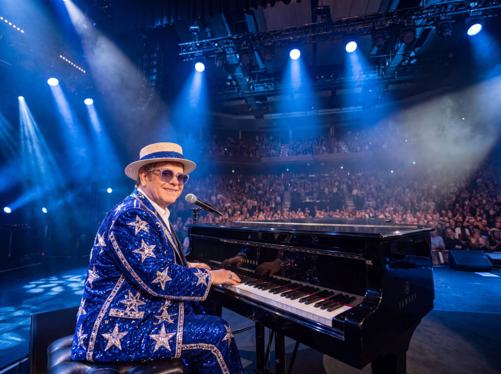 Elton John spielt am Klavier auf einer Bühne vor großem Publikum