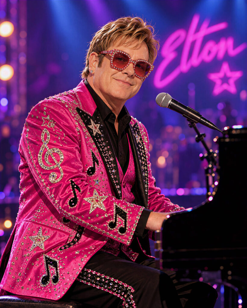 Sänger in glitzerndem pinkem Outfit am Klavier mit Mikrofon