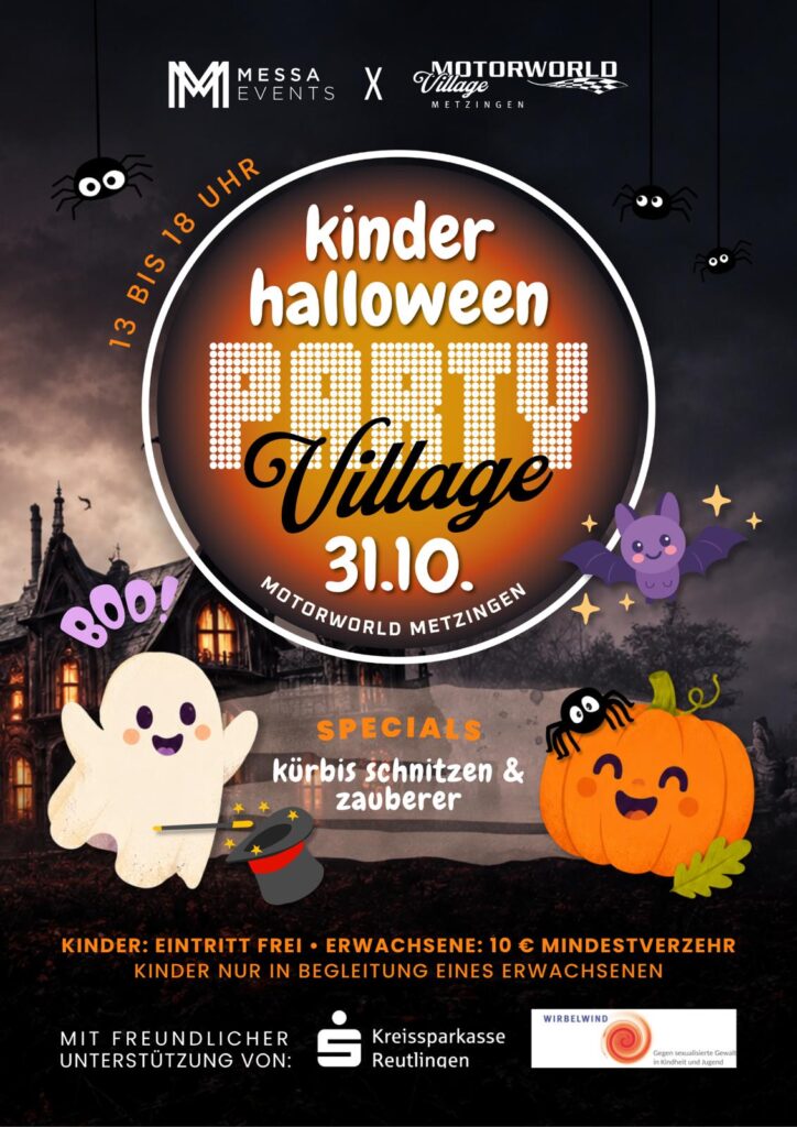 Kinder-Halloween-Party im Motorworld Village Metzingen am 31.10., 13–18 Uhr, mit Kürbisschnitzen und Zauberer