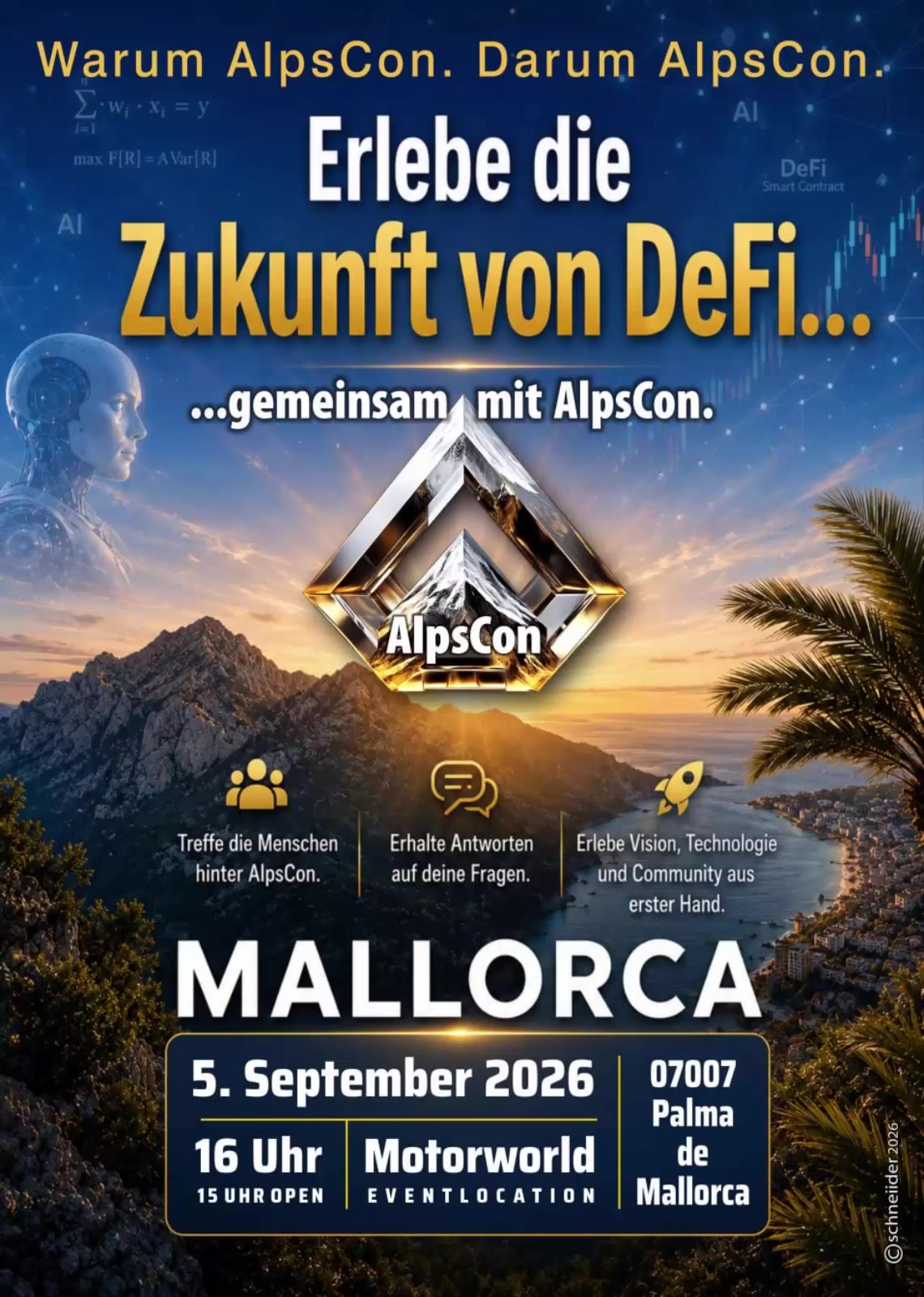 Werbeplakat für AlpsCon: „Erlebe die Zukunft von DeFi“ auf Mallorca am 5. September 2026 um 16 Uhr in Palma