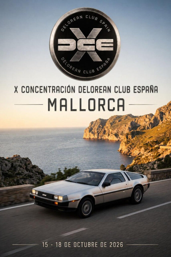 Poster for the X DeLorean Club España Gathering in Mallorca, featuring a DeLorean, October 15–18, 2026