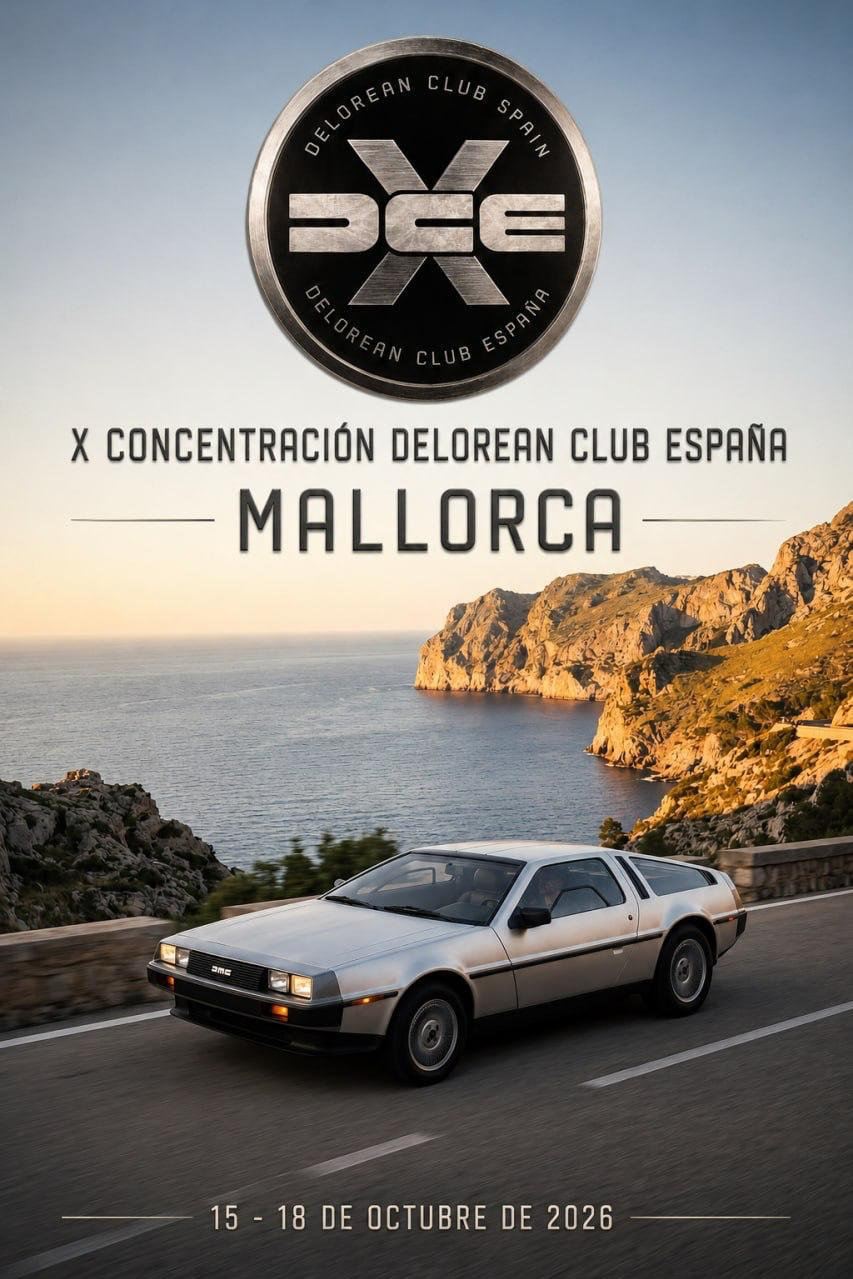 Poster for the X DeLorean Club España Gathering in Mallorca, featuring a DeLorean, October 15–18, 2026