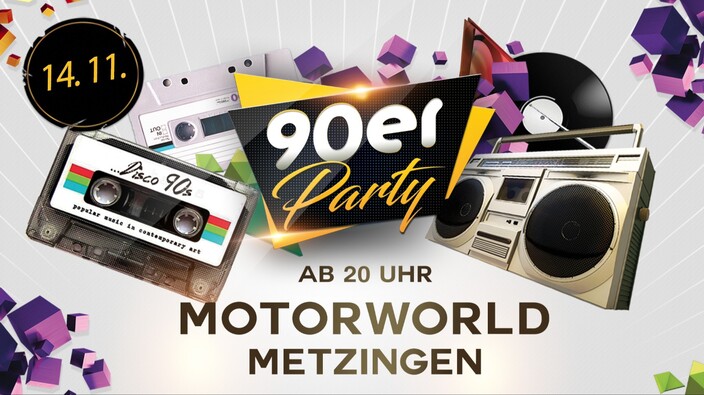 Werbeplakat für eine 90er-Party im Motorworld Metzingen am 14.11. ab 20 Uhr