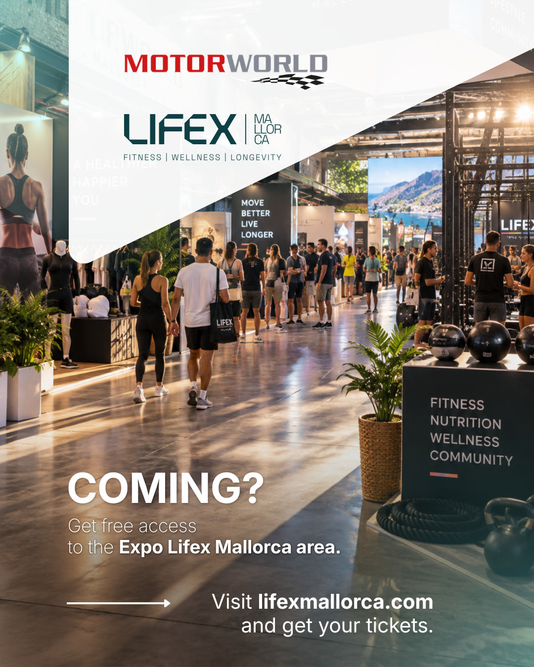 Werbeplakat für die Expo Lifex Mallorca mit Messehalle, Logos und dem Hinweis auf kostenlose Tickets auf lifexmallorca.com