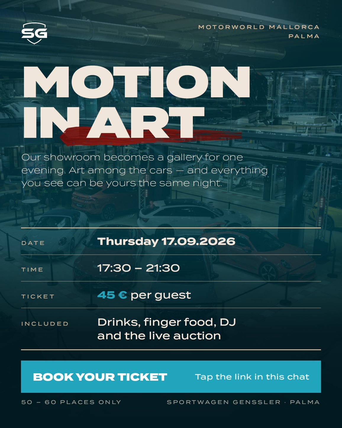 "Motion in Art" event poster with date, time, ticket price, and booking information