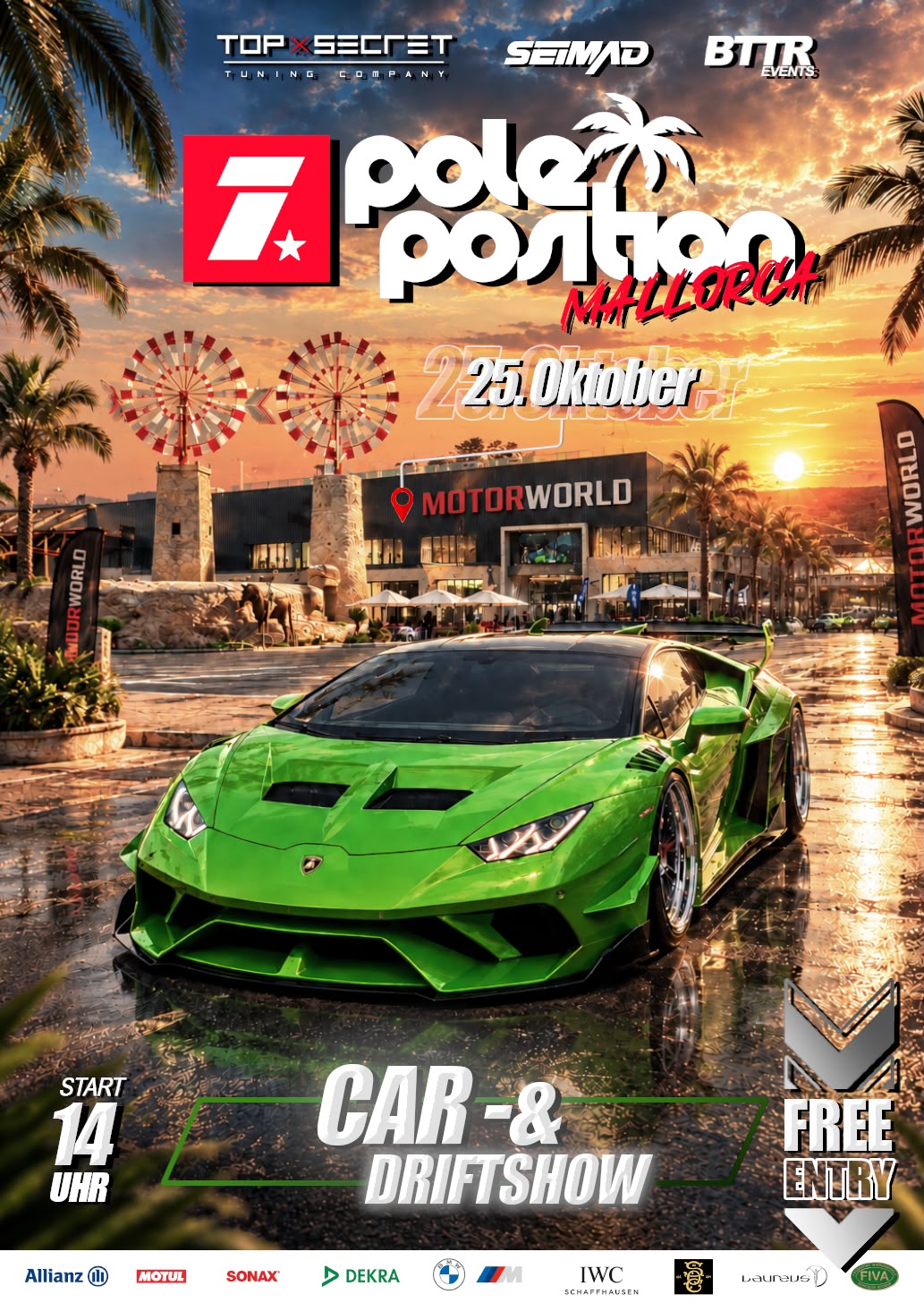 Werbeplakat für „Polar Position Mallorca“ am 25. Oktober mit Auto- und Drifttshow, Start 14 Uhr, freiem Eintritt