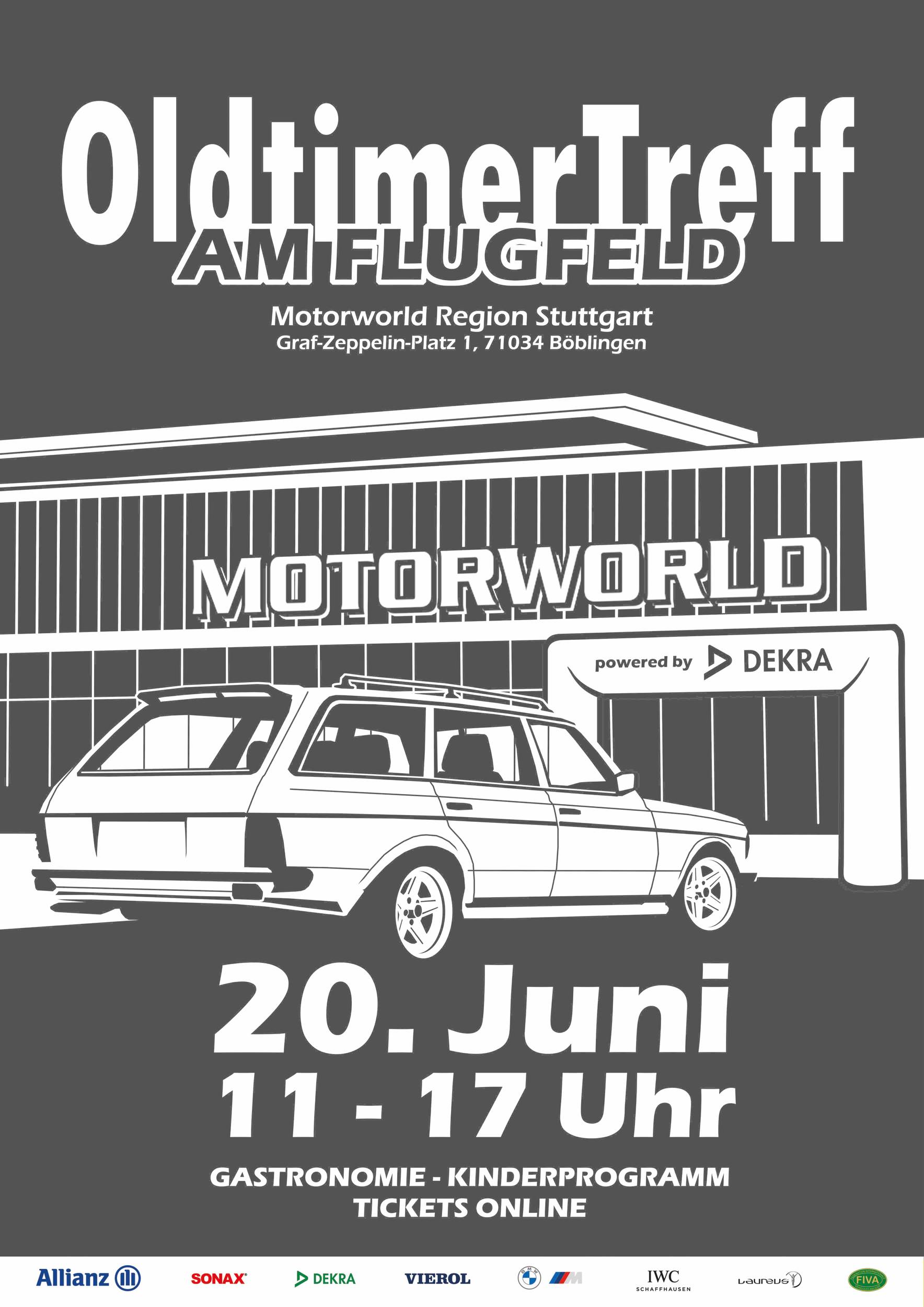 Plakat für OldtimerTreff am Flugfeld mit Termin, Ort und Oldtimer-Auto