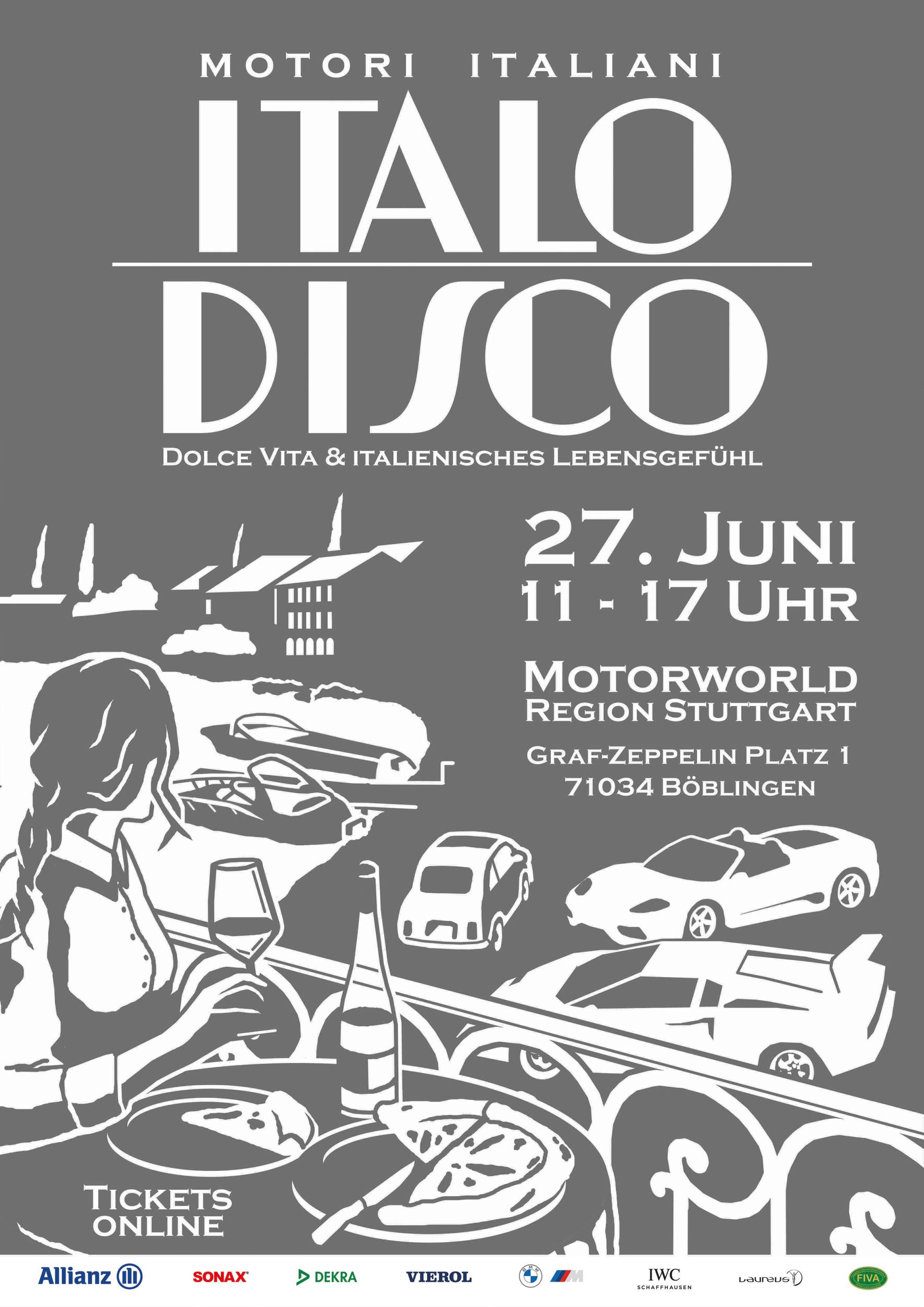 Plakat für „Italo Disco“ mit Termin, Ort und italienischen Autos sowie Essen und Getränken