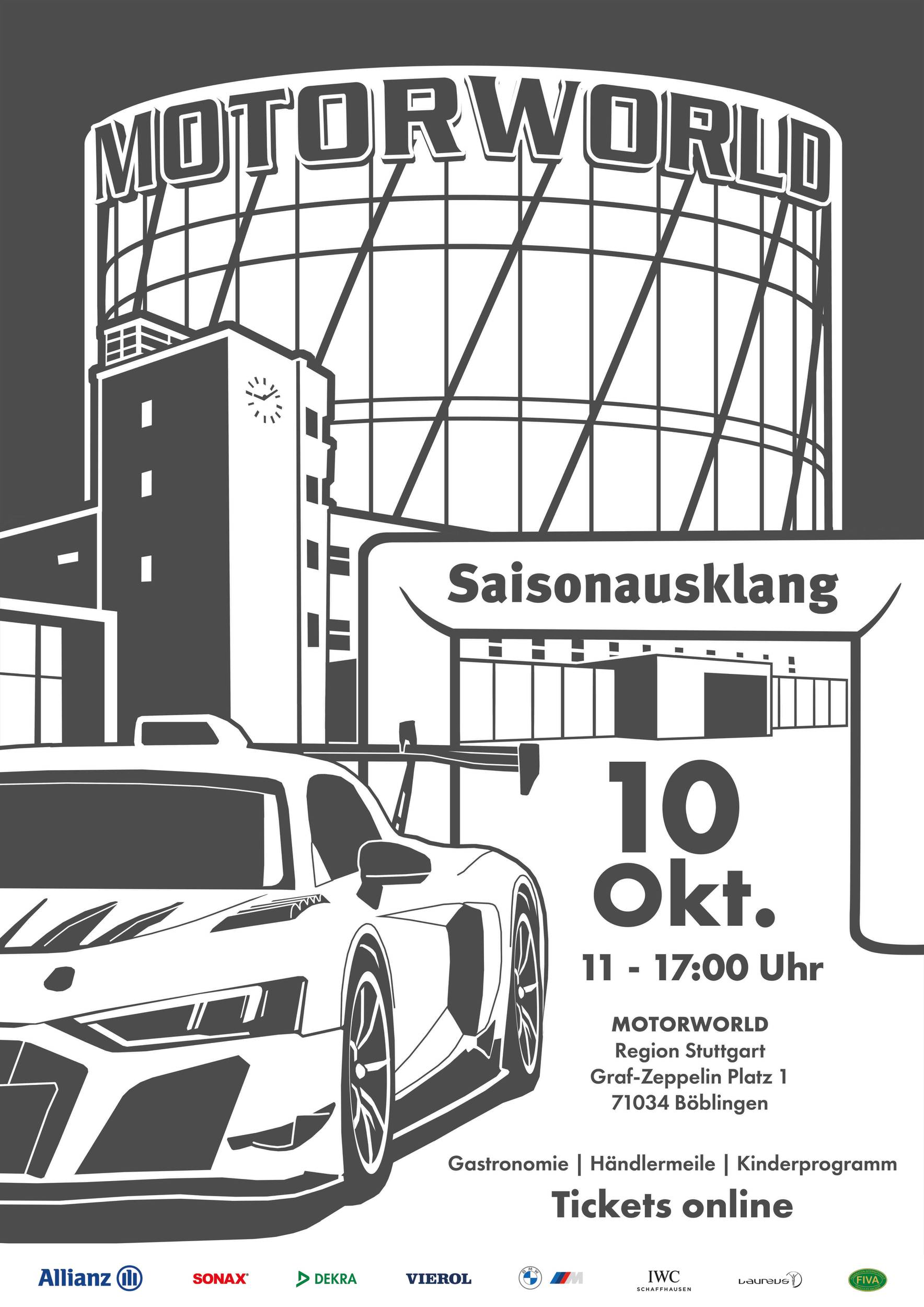 Plakat für Motorworld Saisonausklang am 10. Okt. mit Uhrzeit, Ort und Sportwagen