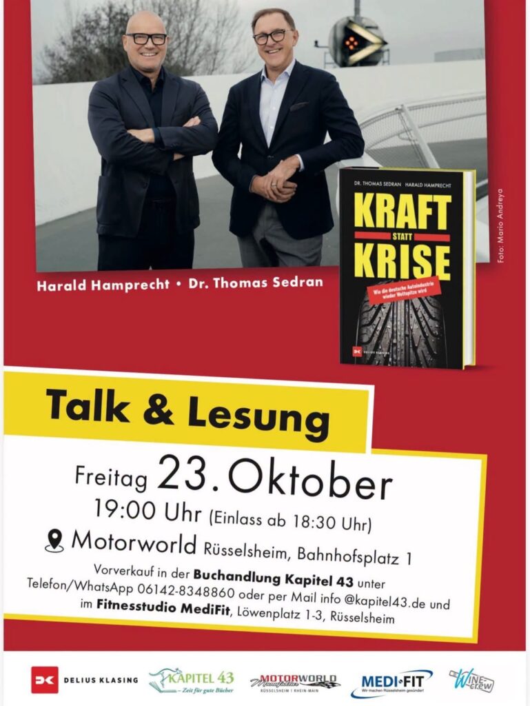 Plakat für eine Talk-&-Lesung mit Harald Hamprecht und Dr. Thomas Sedran zum Buch „Kraft statt Krise“