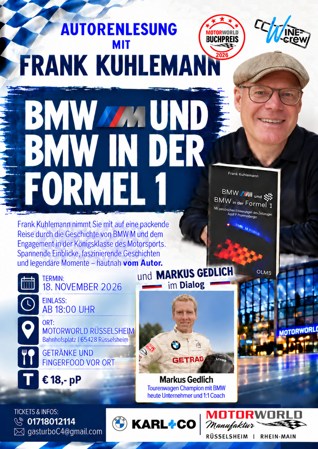 Plakat zur Autorenlesung mit Frank Kuhlemann über BMW M und BMW in der Formel 1 in Rüsselsheim