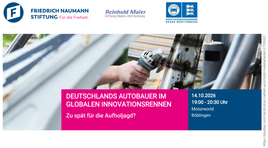Veranstaltungsbanner zu Deutschlands Autobauern im globalen Innovationsrennen mit Datum, Uhrzeit und Ort in Böblingen