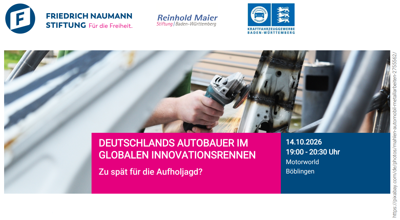 Veranstaltungsbanner zu Deutschlands Autobauern im globalen Innovationsrennen mit Datum, Uhrzeit und Ort in Böblingen
