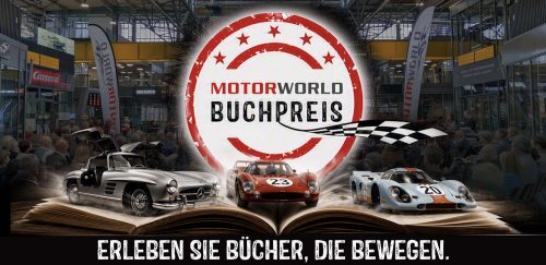 MOTORWORLD Buchpreis mit Rennwagen und dem Slogan: Erleben Sie Bücher, die bewegen