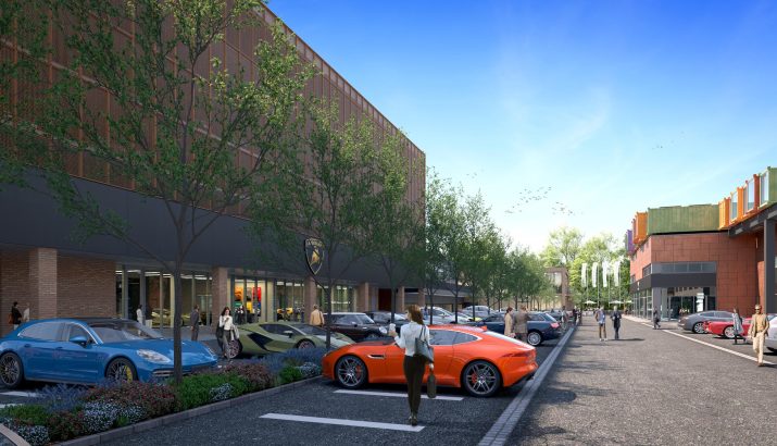 Street scene with parking lots in front of modern buildings, on the left are luxury cars such as an orange sports car and a green Lamborghini, and visitors exploring the surroundings, under a blue sky with few clouds and trees on the sidewalk.